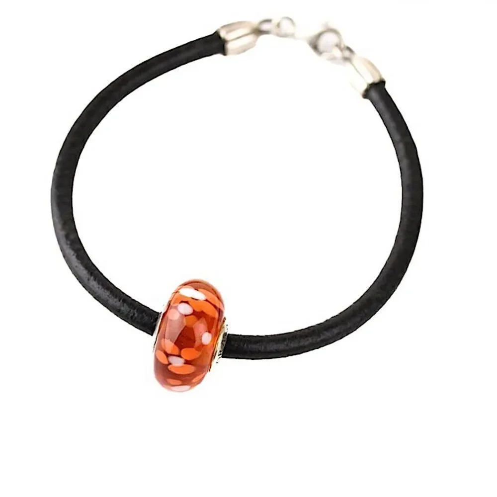 Pandora Orange Blossoms Glass Bead Leather Cord Bracelet!